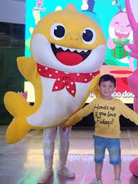 Baby Shark mascot costume rental in adult sized character costume for birthday parties, schools, and kids events