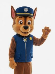 Paw Patrol-inspired mascot greeting kids at themed celebration.