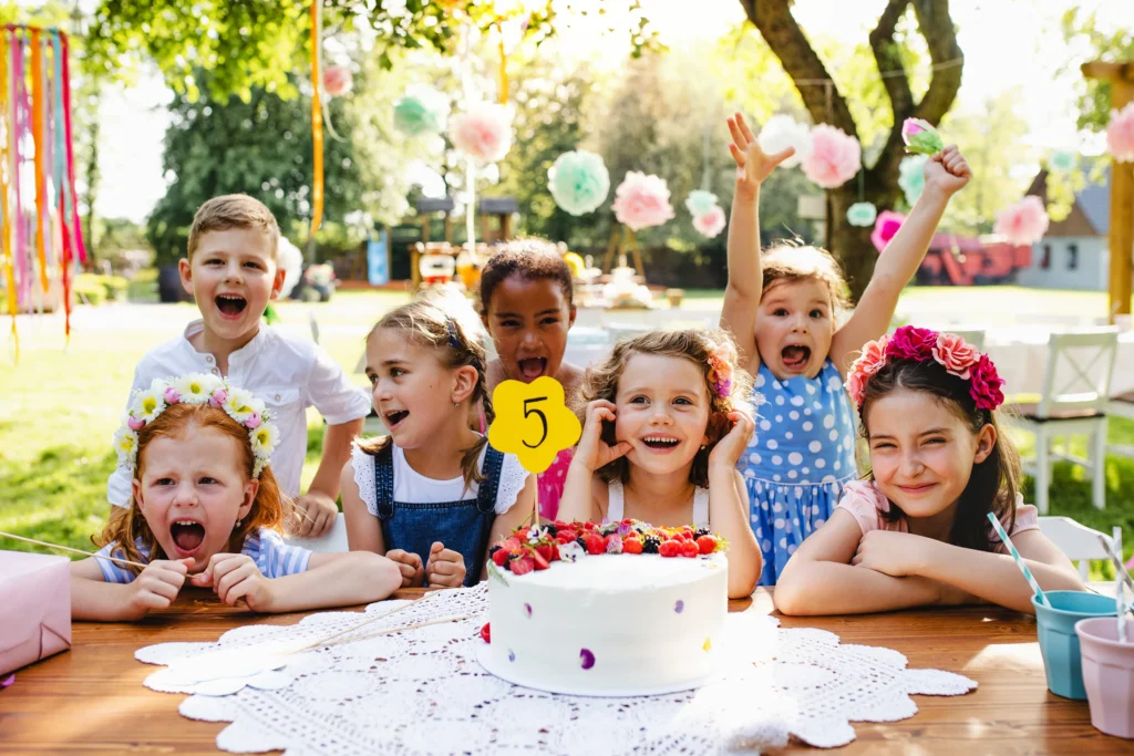 Children enjoying a fun backyard birthday party with games, colorful decorations, and family-friendly entertainment.