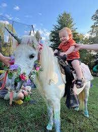 Children enjoying birthday party pony rides and a mobile petting zoo with friendly farm animals at a fun outdoor celebration.