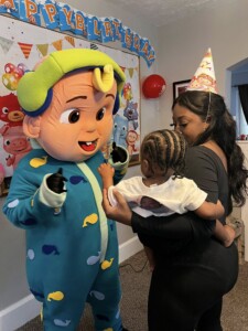 Cocomelon adult mascot costume rental with nationwide shipping for children's birthday parties.