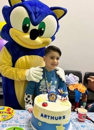 Adult-sized Sonic mascot costume available for kids birthday parties with themed costume rental options for family celebrations