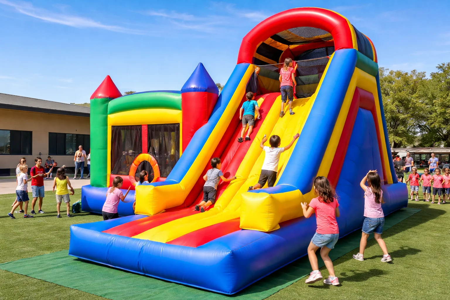 Colorful bounce house and inflatable slide rental for kids party