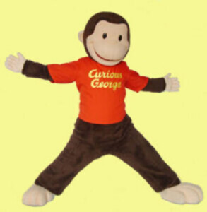 Adult Curious George mascot costume available to rent with convenient nationwide shipping for birthday celebrations