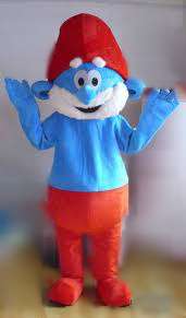 Smurfs adult mascot costume rental featuring Papa Smurf and Smurfette for birthday parties and themed events with nationwide shipping