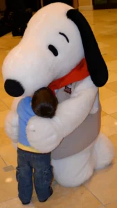Snoopy character mascot rental in adult size for Peanuts themed parties, preschool events, and photo opportunities