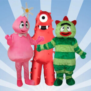 Yo Gabba Gabba adult mascot costume rental featuring favorite characters for preschool birthday parties, kids events, and themed celebrations