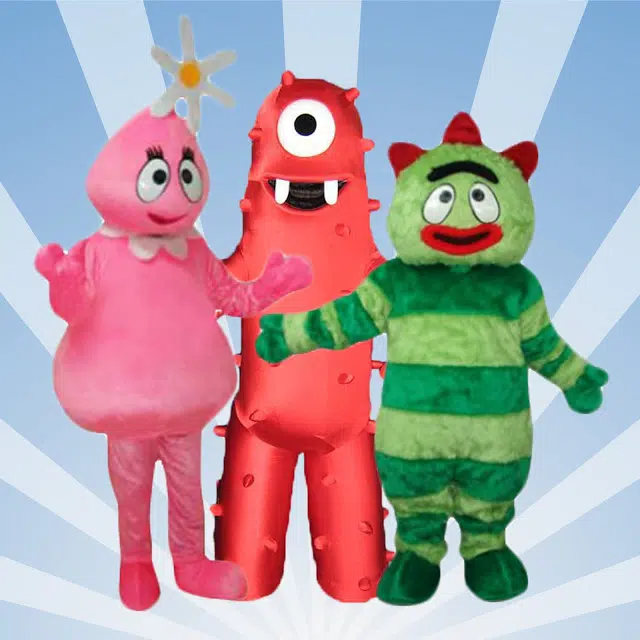 Yo Gabba Gabba mascot costume rental featuring Brobee, Foofa, Plex, Muno, and Toodee characters for children's birthday parties