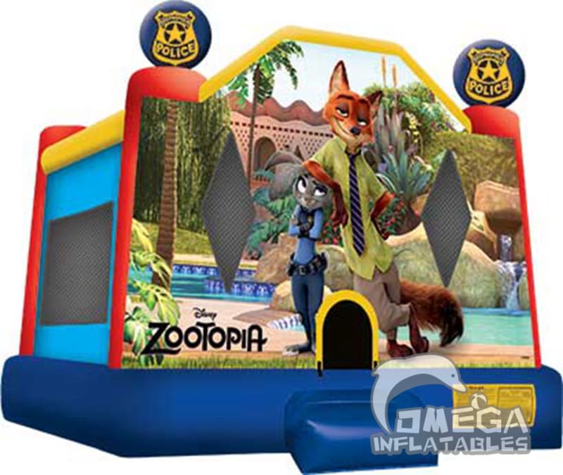 : Zootopia themed bouncehouse rental at a kids birthday party with children playing and celebrating with a fun Zootopia character theme